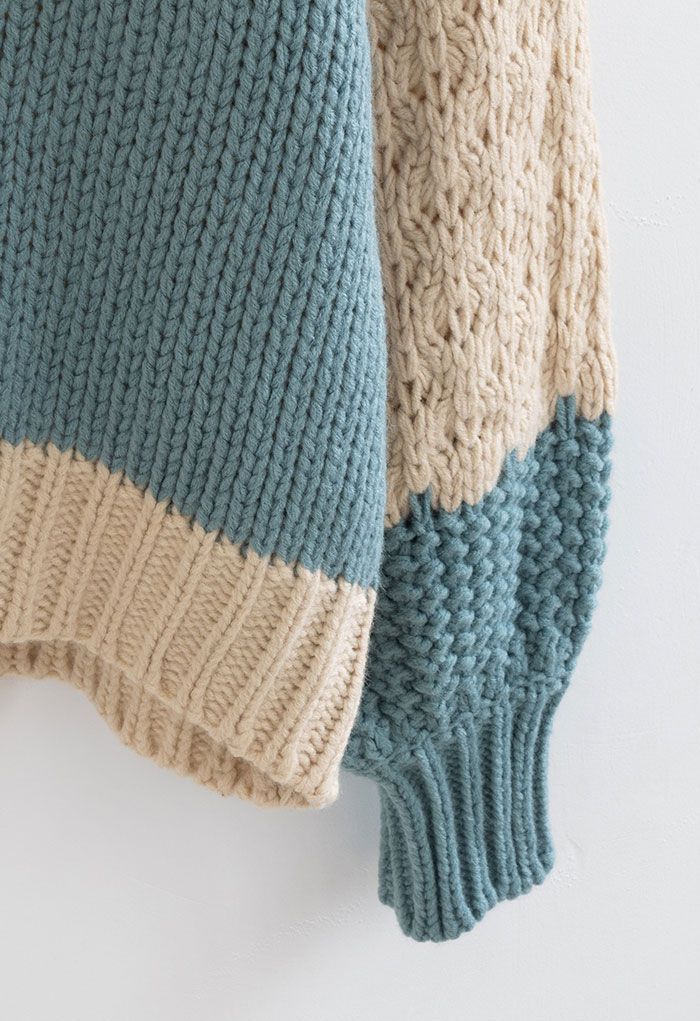 Color Block Hand-Knit Chunky Sweater in Yellow