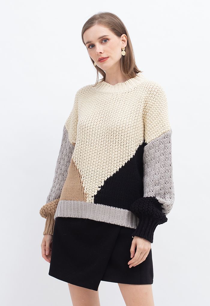 Color Block Hand-Knit Chunky Sweater in Light Tan