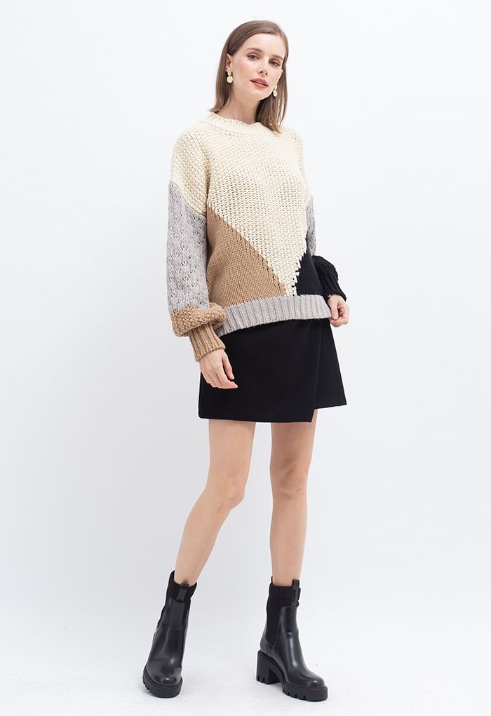 Color Block Hand-Knit Chunky Sweater in Light Tan