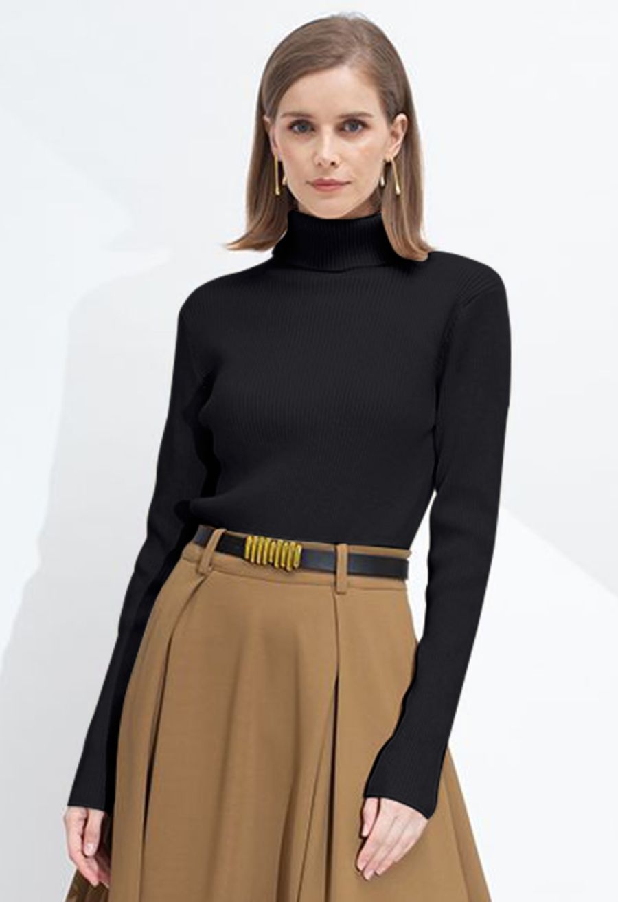 Turtleneck Long Sleeve Ribbed Knit Top in Black