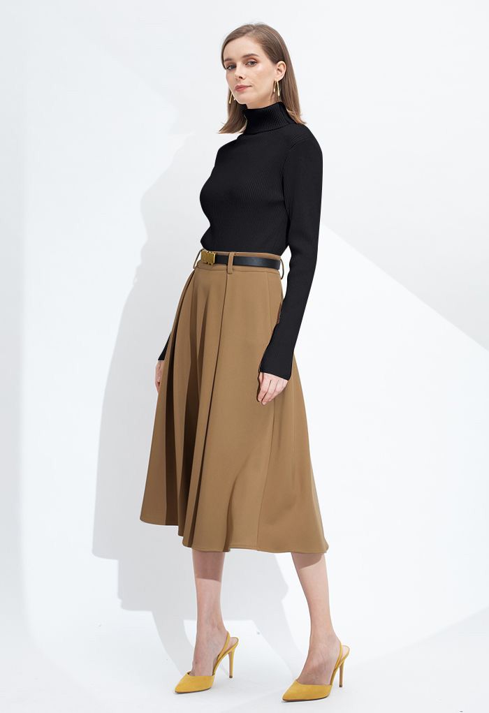 Turtleneck Long Sleeve Ribbed Knit Top in Black
