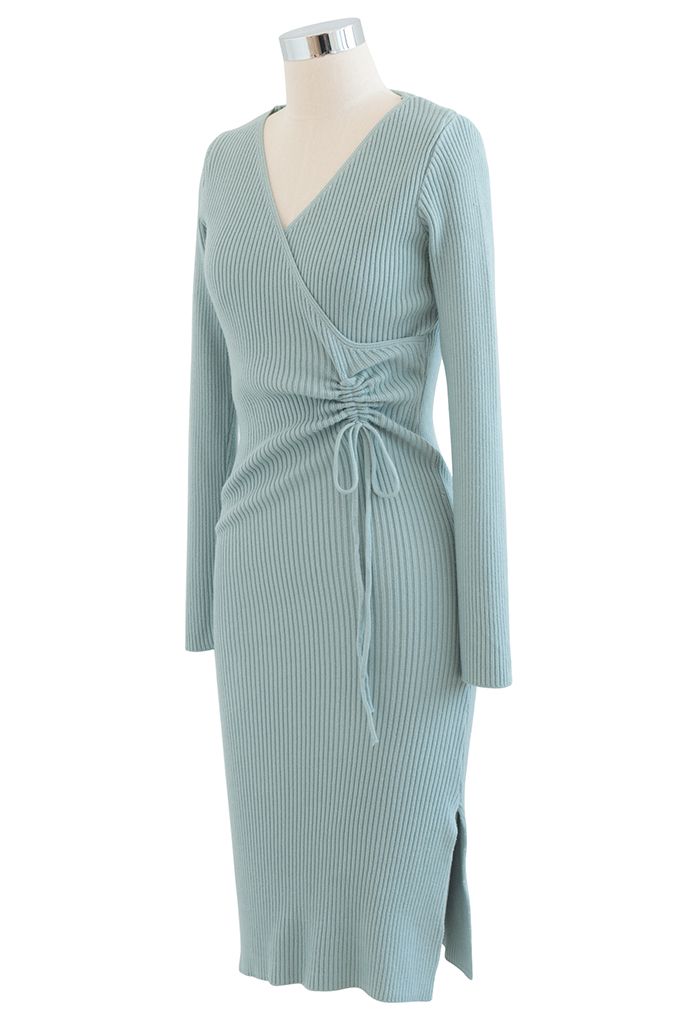 Drawstring Side Wrap Bust Knit Midi Dress in Dusty Blue