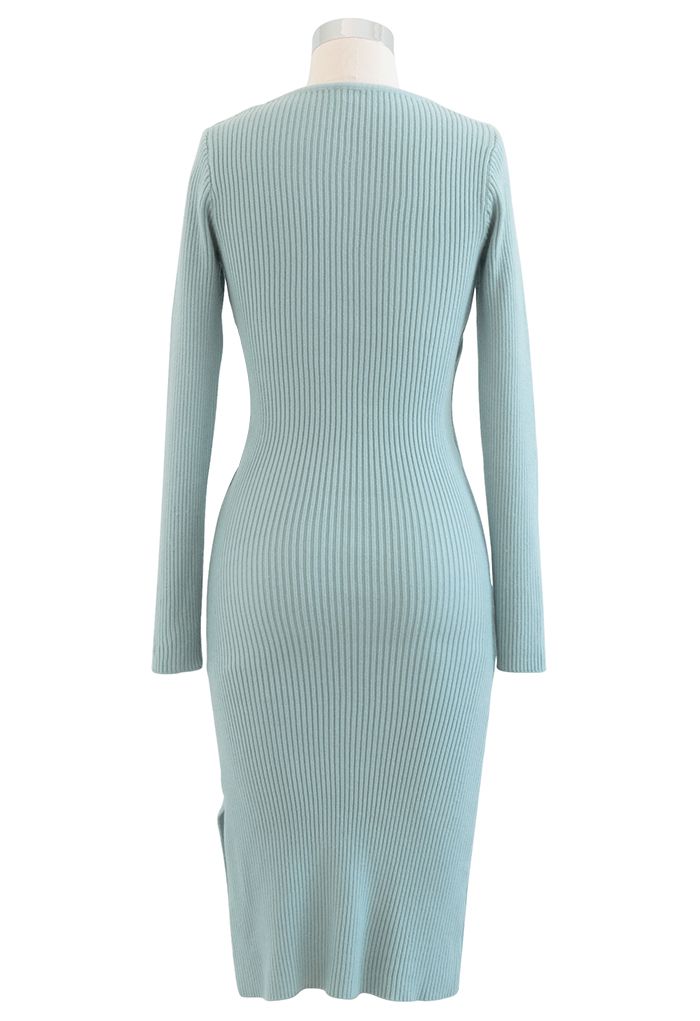 Drawstring Side Wrap Bust Knit Midi Dress in Dusty Blue