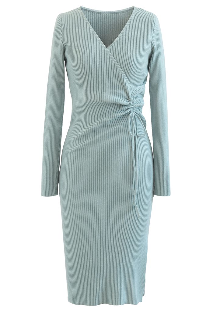 Drawstring Side Wrap Bust Knit Midi Dress in Dusty Blue