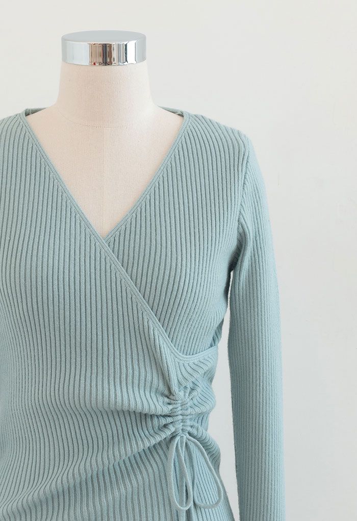 Drawstring Side Wrap Bust Knit Midi Dress in Dusty Blue