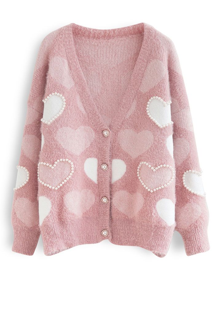 Pearly Contrast Heart Soft Fuzzy Knit Cardigan in Pink