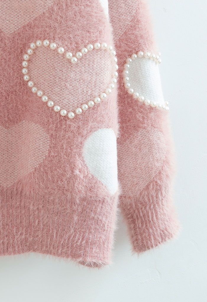 Pearly Contrast Heart Soft Fuzzy Knit Cardigan in Pink