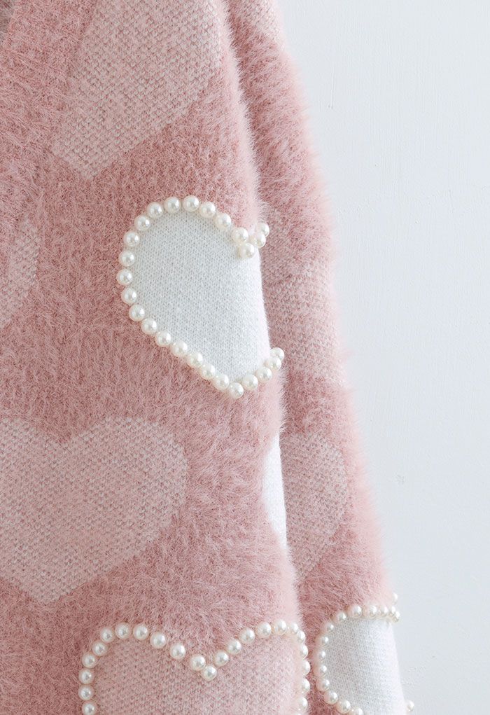 Pearly Contrast Heart Soft Fuzzy Knit Cardigan in Pink