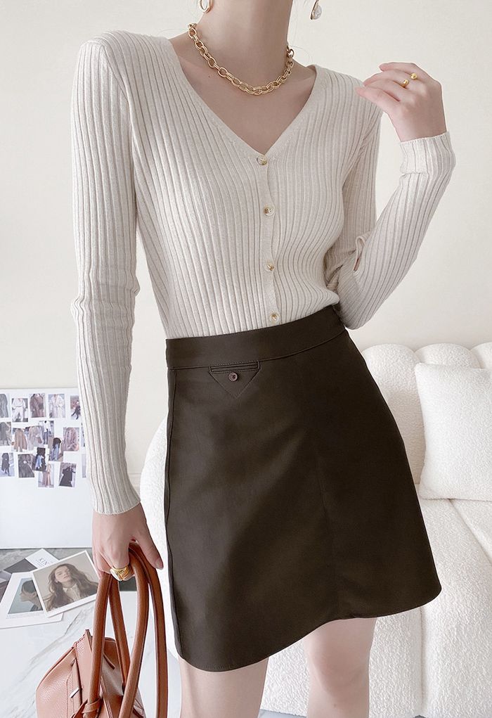 Textured Faux Leather Mini Bud Skirt in Brown