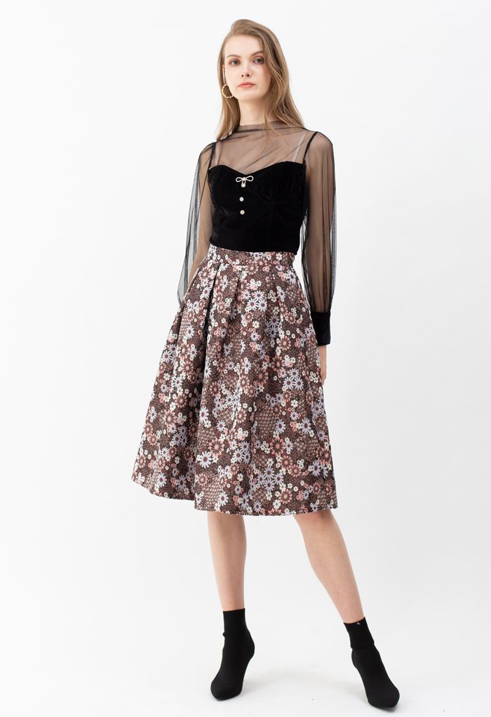 Blossom Cluster Embossed Pleated Midi Skirt in Red