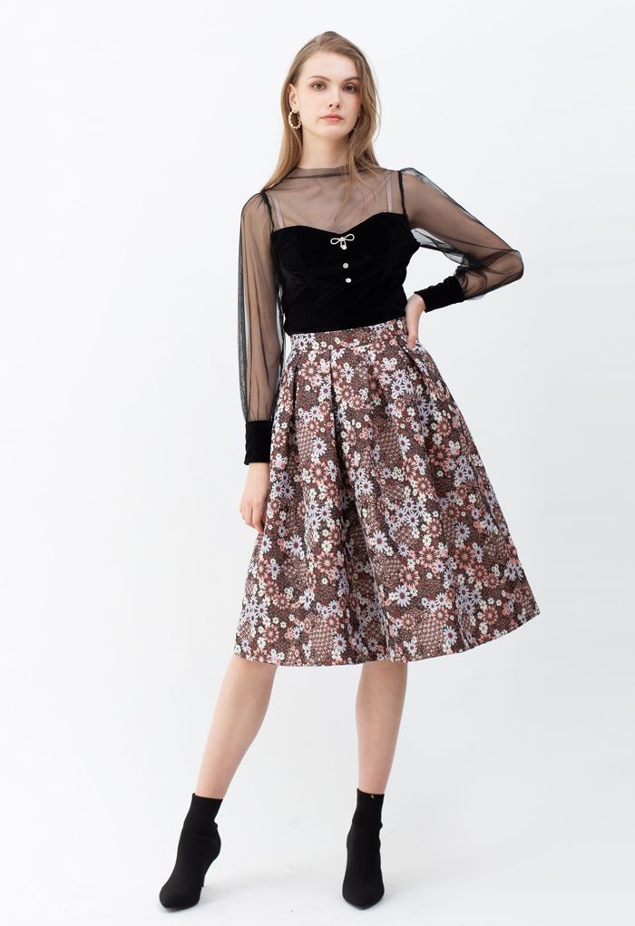 Blossom Cluster Embossed Pleated Midi Skirt in Red
