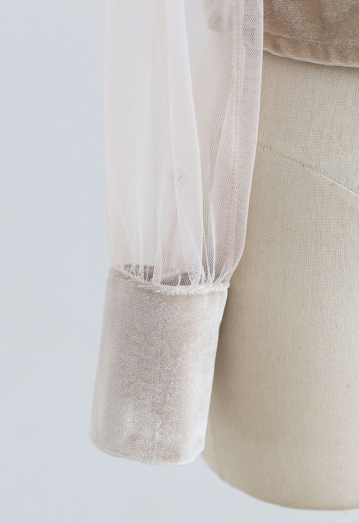 Mesh Spliced Velvet Crop Top in Sand