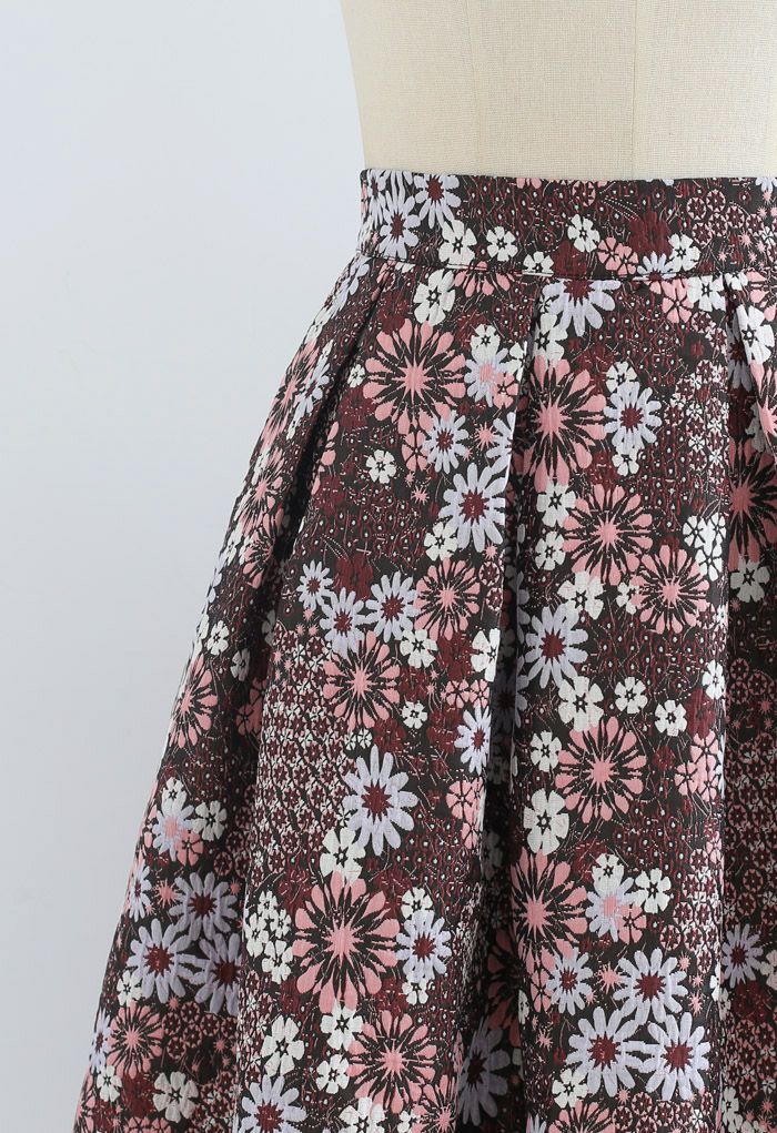 Blossom Cluster Embossed Pleated Midi Skirt in Red