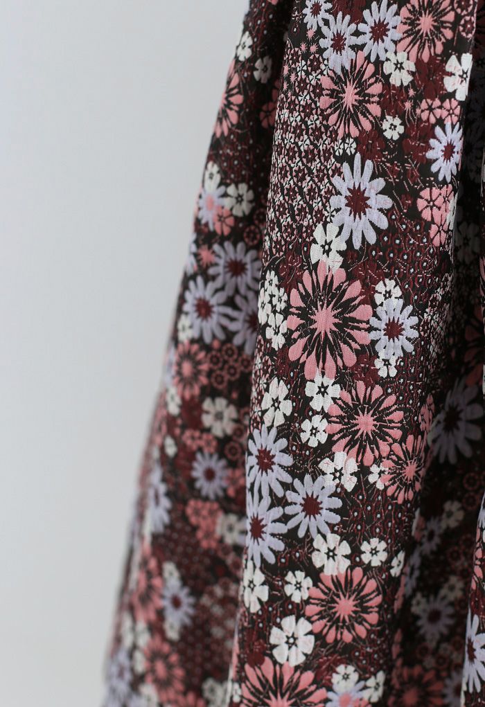 Blossom Cluster Embossed Pleated Midi Skirt in Red