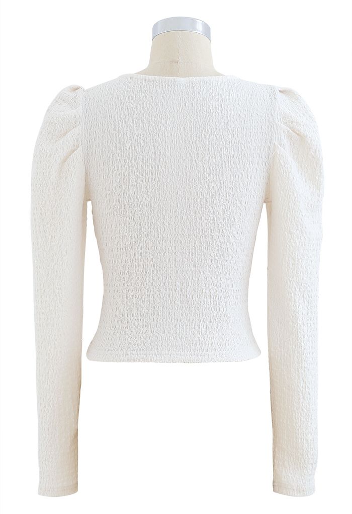 Knot Puff Sleeves Elastic Crop Top in Cream