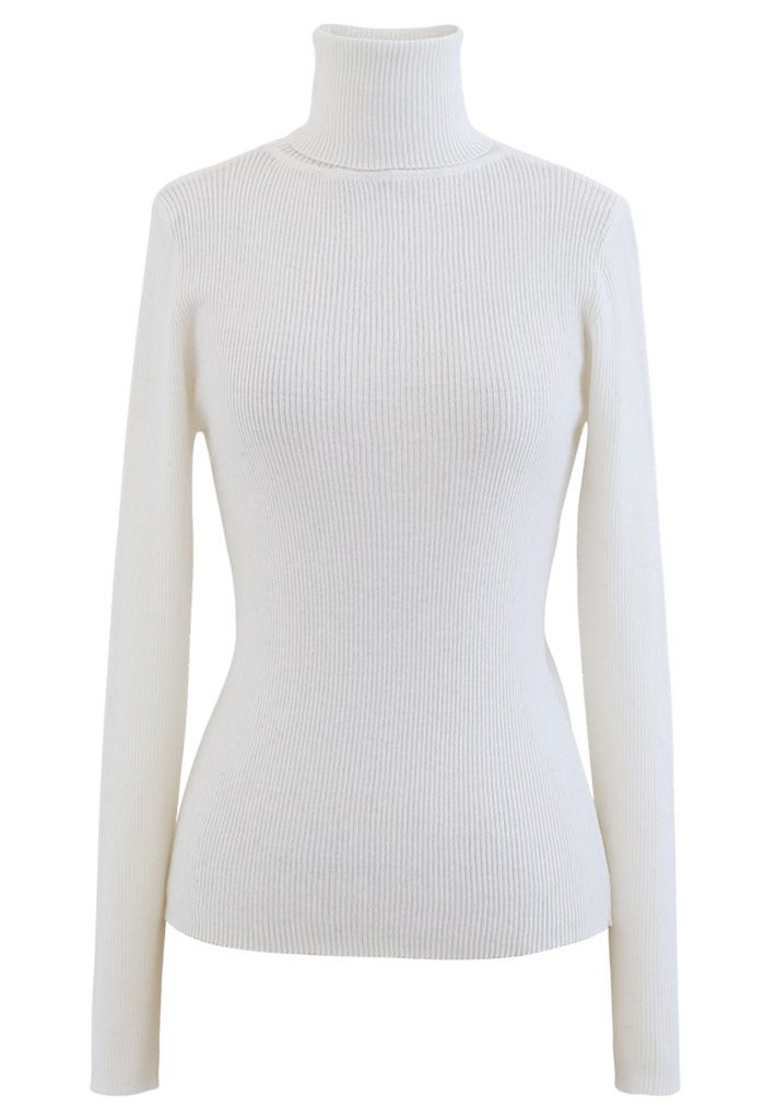 Turtleneck Ribbed Fitted Knit Top in White