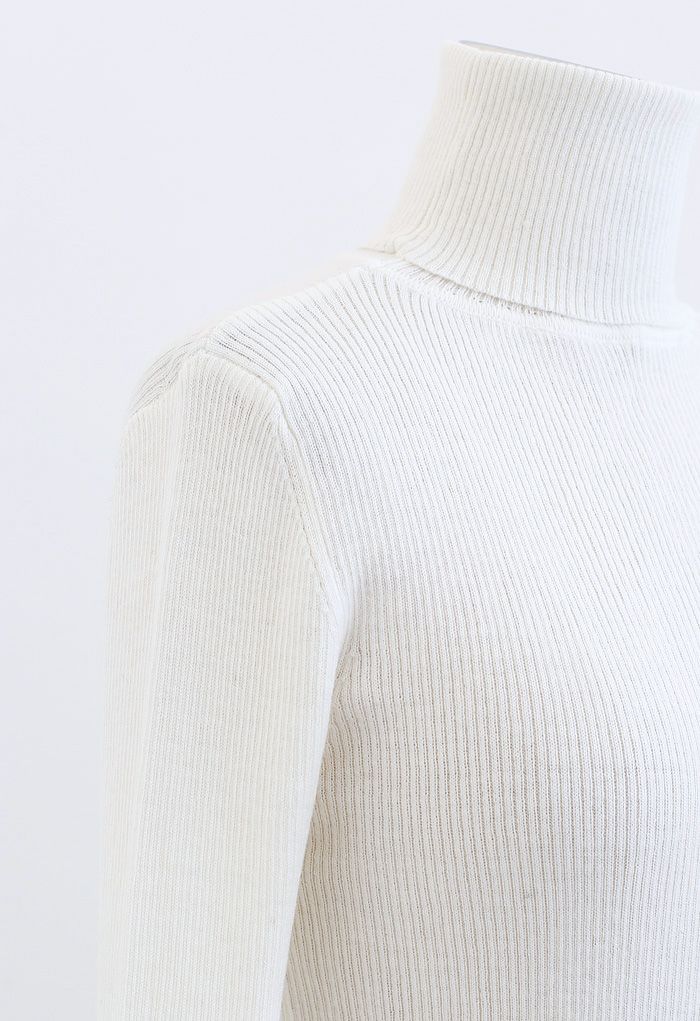 Turtleneck Ribbed Fitted Knit Top in White