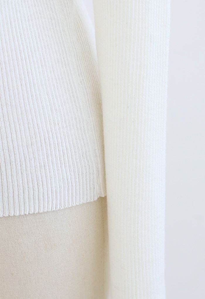 Turtleneck Ribbed Fitted Knit Top in White