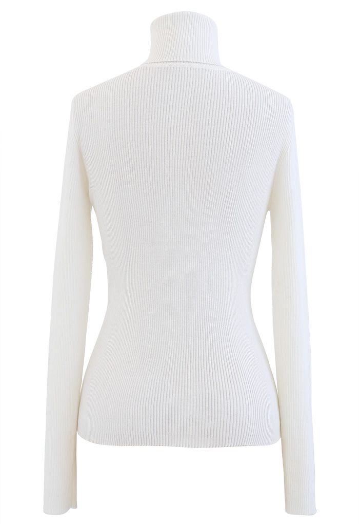 Turtleneck Ribbed Fitted Knit Top in White