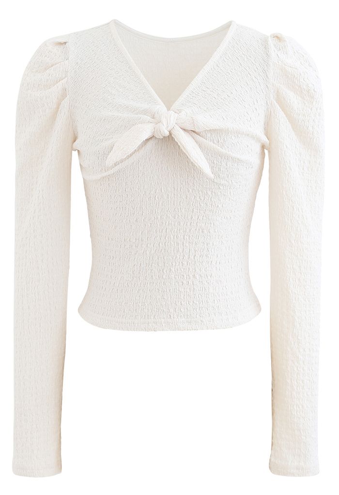 Knot Puff Sleeves Elastic Crop Top in Cream