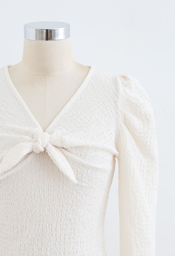 Knot Puff Sleeves Elastic Crop Top in Cream