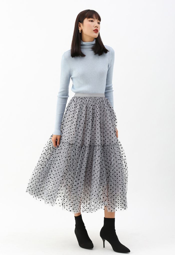 Can't Let Go Dots Mesh Tulle Skirt in Dusty Blue