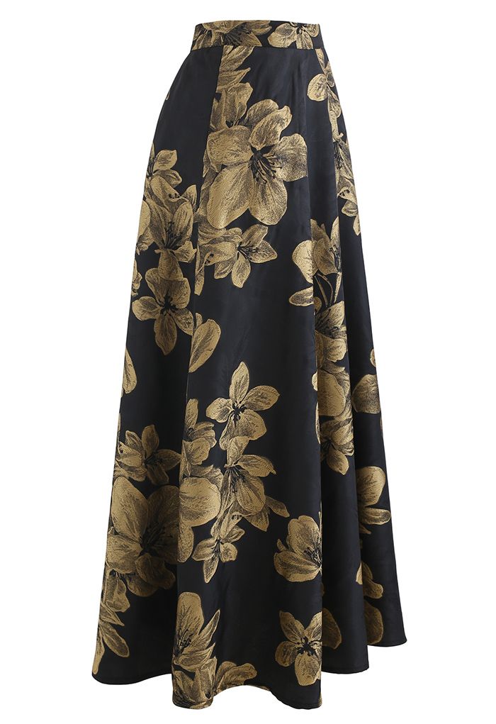 Golden Dahlia Blossom Jacquard Maxi Skirt