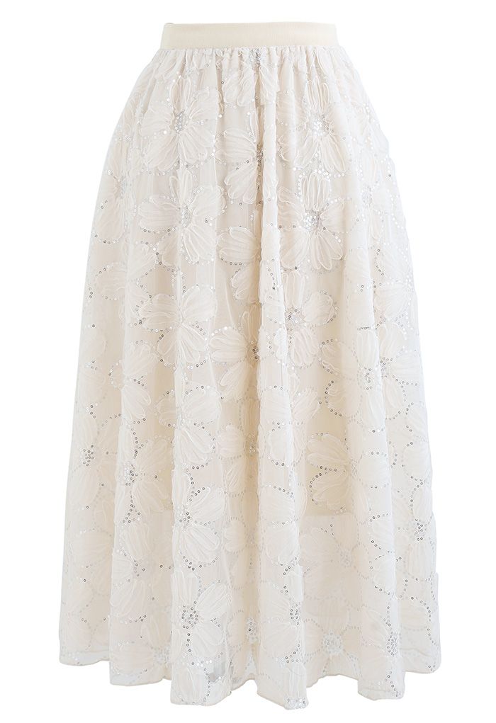 Floral Sequin Double-Layered Mesh Skirt in Cream