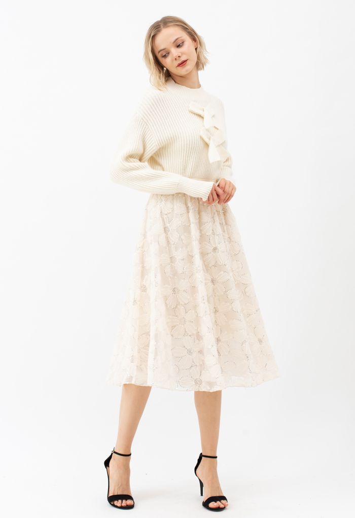Floral Sequin Double-Layered Mesh Skirt in Cream