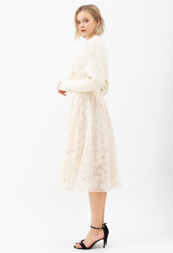 Floral Sequin Double-Layered Mesh Skirt in Cream