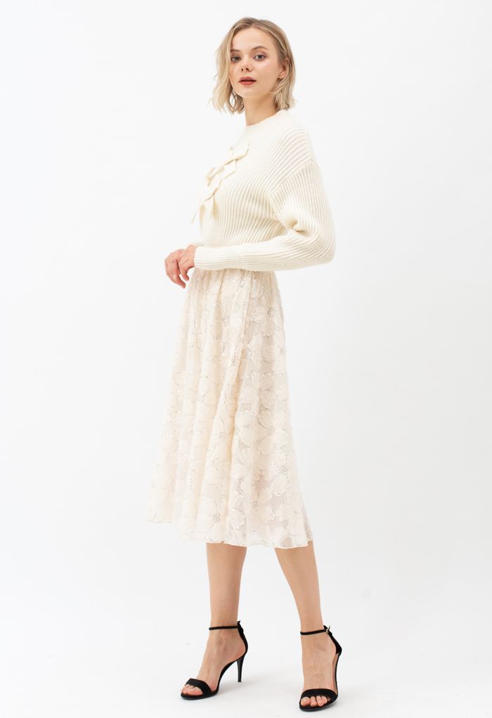 Floral Sequin Double-Layered Mesh Skirt in Cream