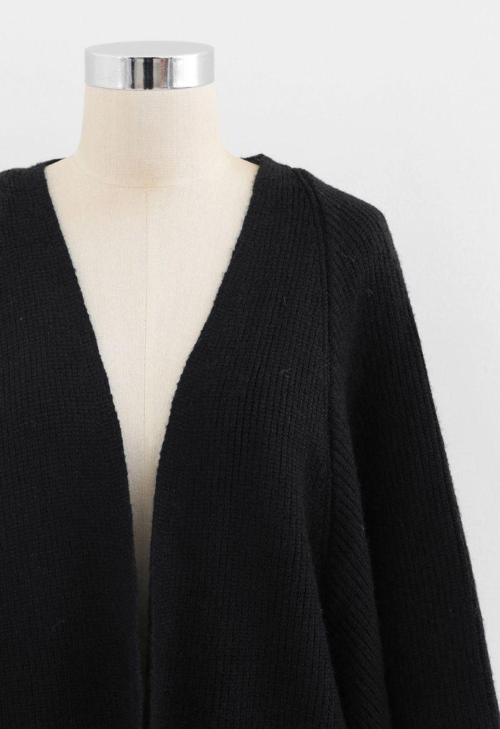 Batwing Ribbed Knit Longline Cardigan in Black