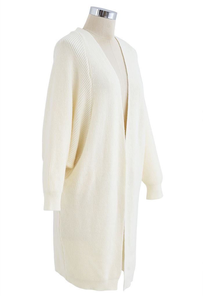 Batwing Ribbed Knit Longline Cardigan in Cream