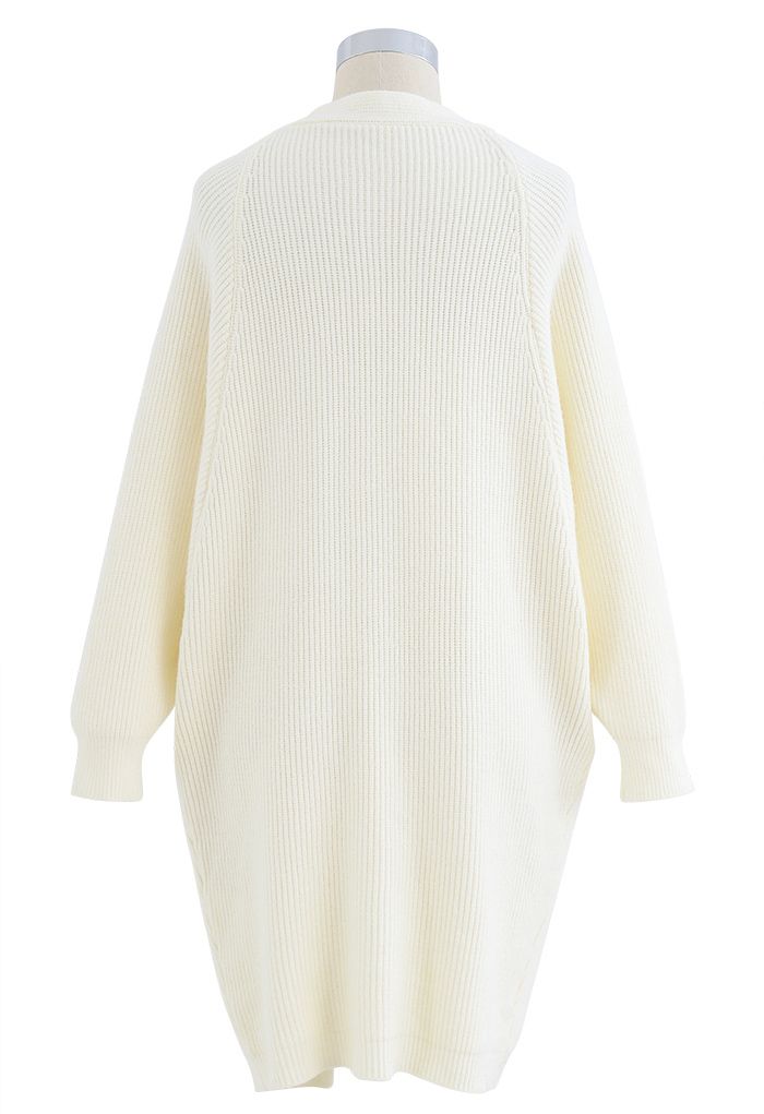 Batwing Ribbed Knit Longline Cardigan in Cream