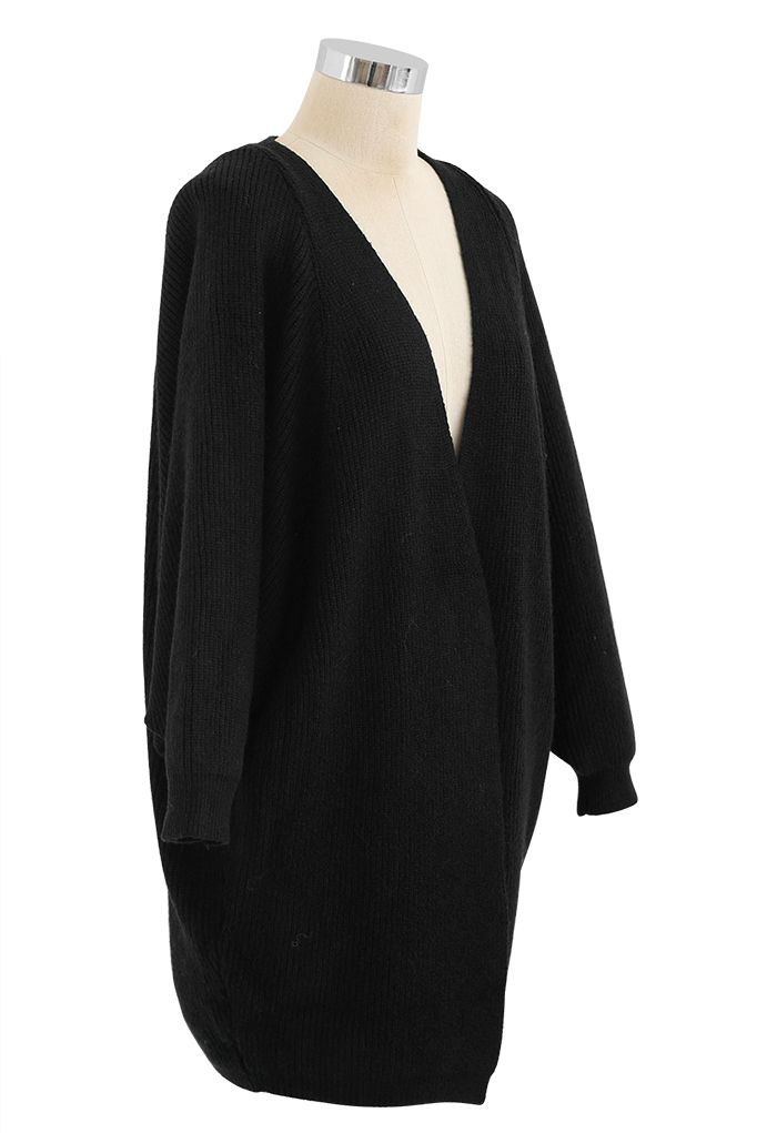 Batwing Ribbed Knit Longline Cardigan in Black