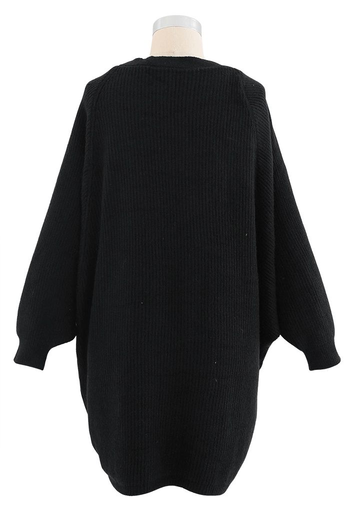Batwing Ribbed Knit Longline Cardigan in Black