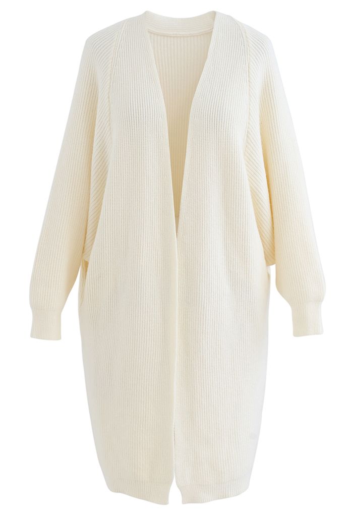 Batwing Ribbed Knit Longline Cardigan in Cream