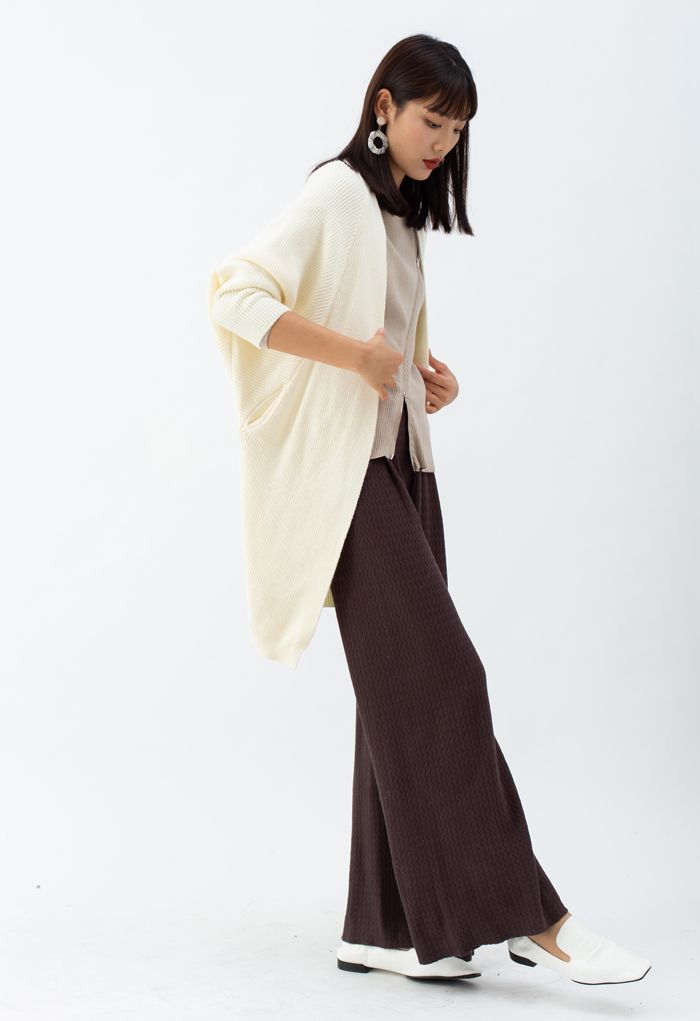 Batwing Ribbed Knit Longline Cardigan in Cream