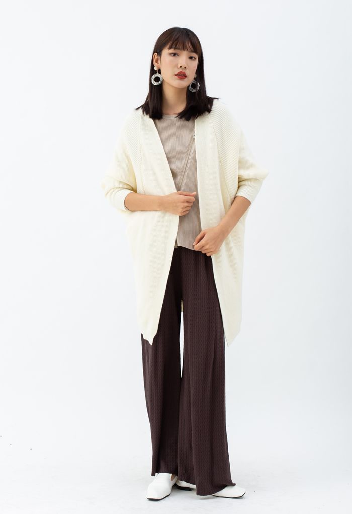 Batwing Ribbed Knit Longline Cardigan in Cream
