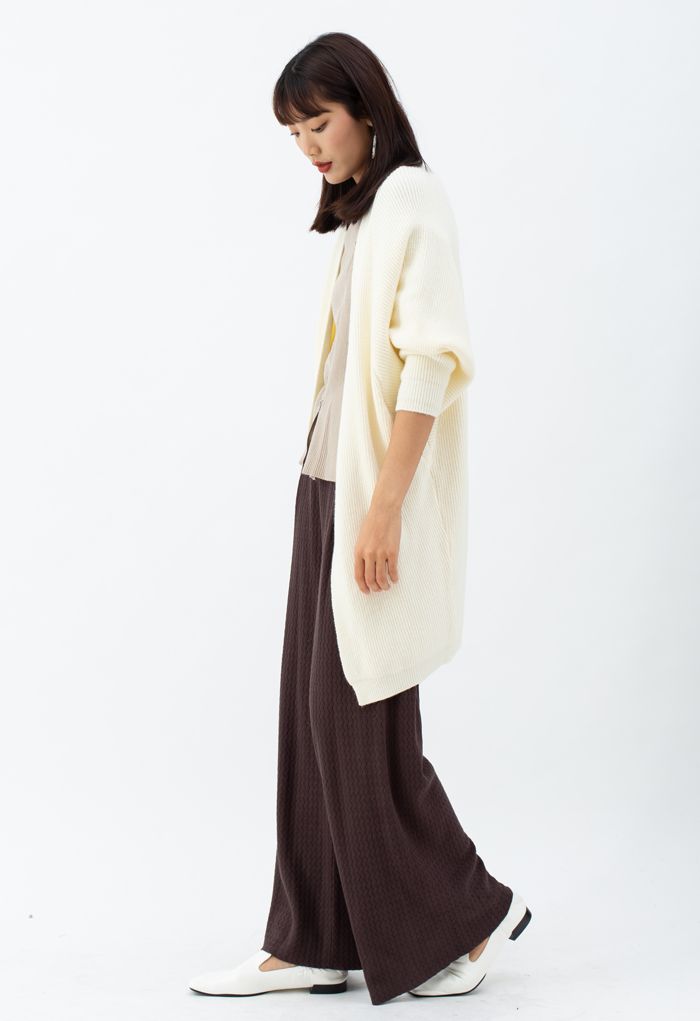 Batwing Ribbed Knit Longline Cardigan in Cream