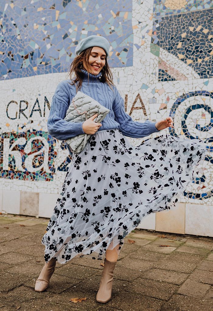 3D Posy Double-Layered Mesh Midi Skirt in Dusty Blue