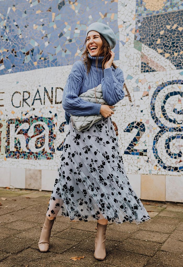 3D Posy Double-Layered Mesh Midi Skirt in Dusty Blue