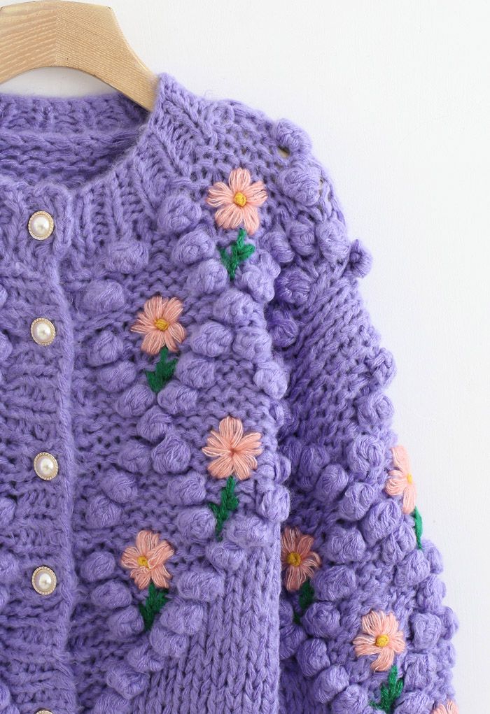 Stitch Floral Diamond Pom-Pom Hand Knit Cardigan in Purple 