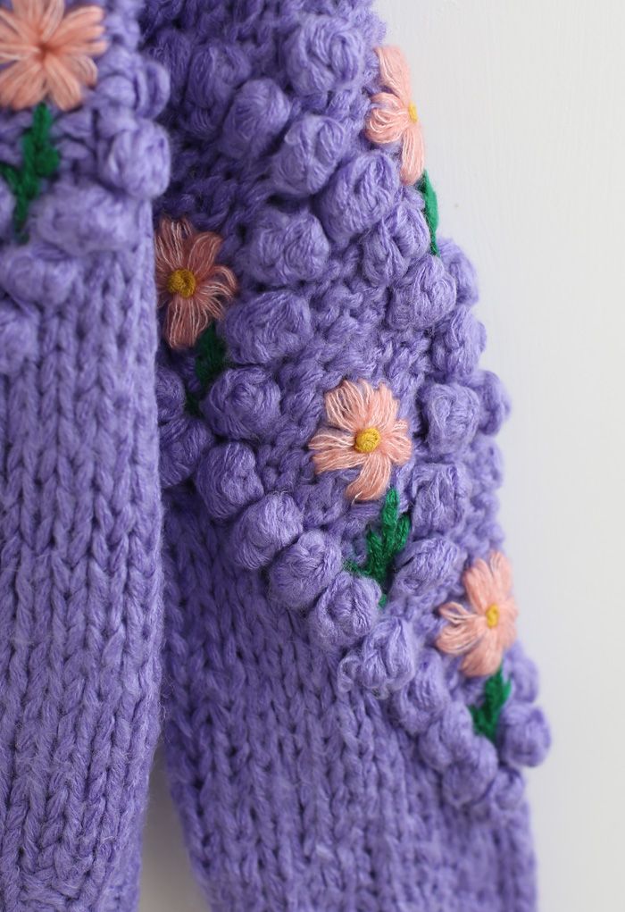 Stitch Floral Diamond Pom-Pom Hand Knit Cardigan in Purple 