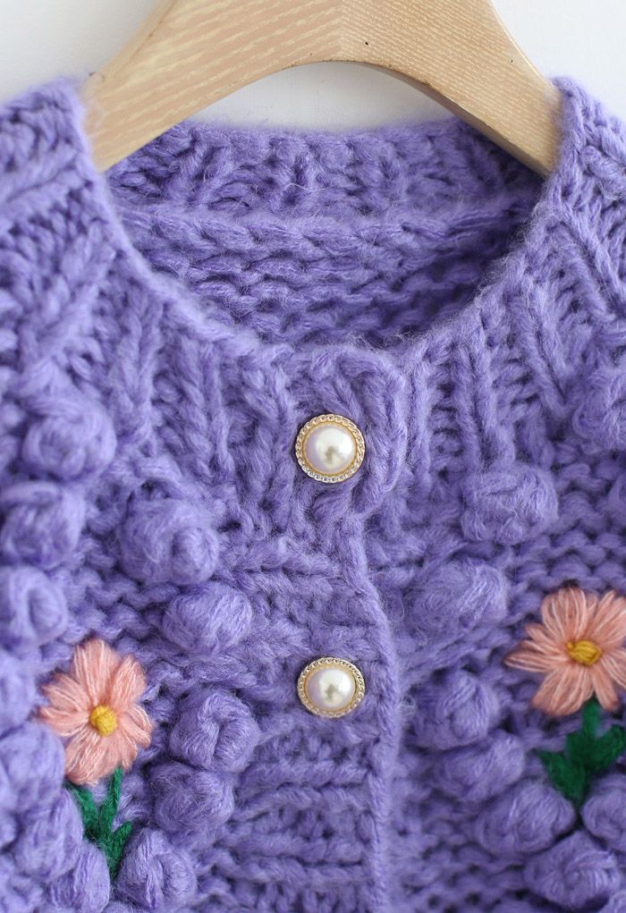 Stitch Floral Diamond Pom-Pom Hand Knit Cardigan in Purple 