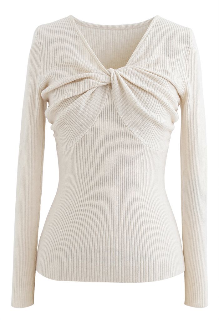 Knotted Front Fitted Knit Top in Ivory