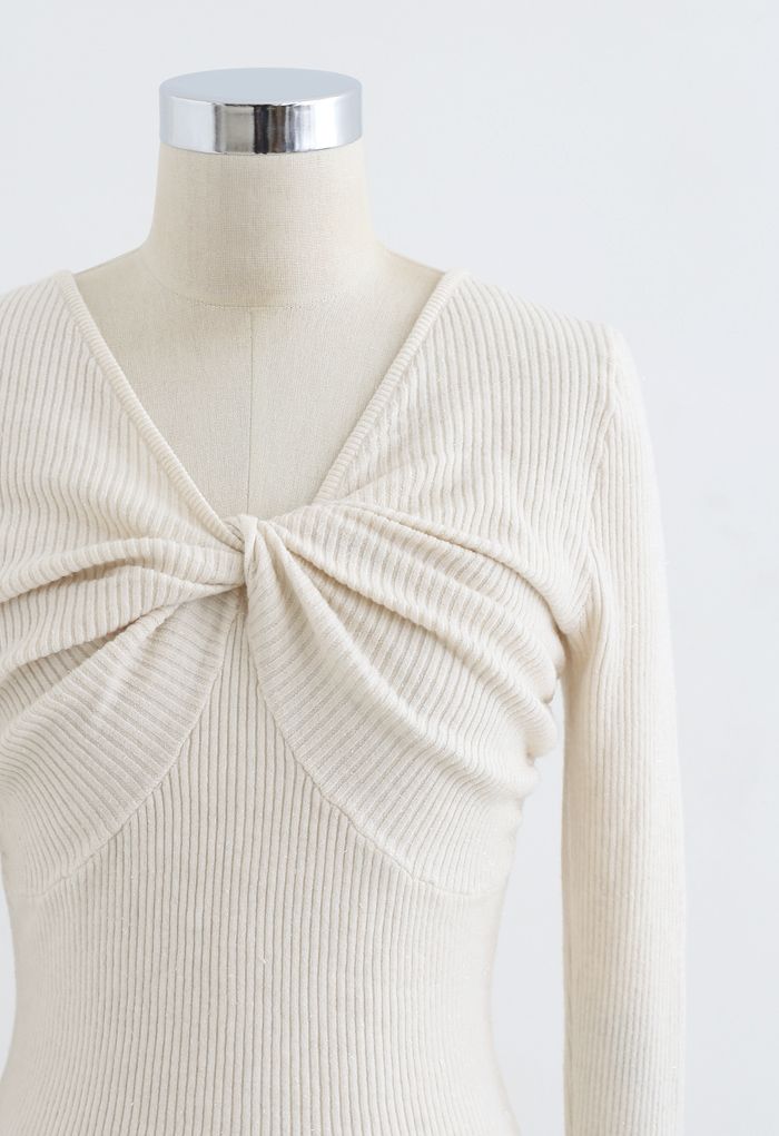 Knotted Front Fitted Knit Top in Ivory