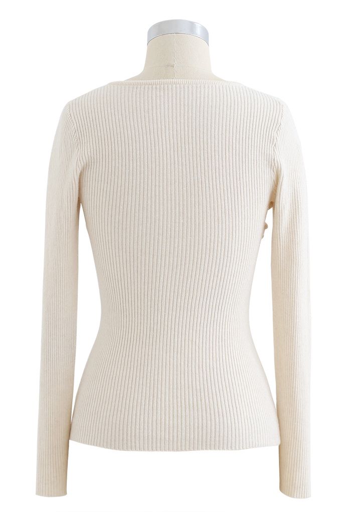 Knotted Front Fitted Knit Top in Ivory