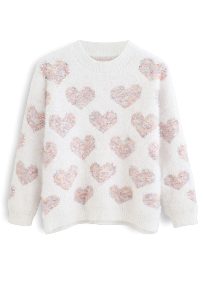 Fuzzy Pink Heart Pearl Trim Knit Sweater