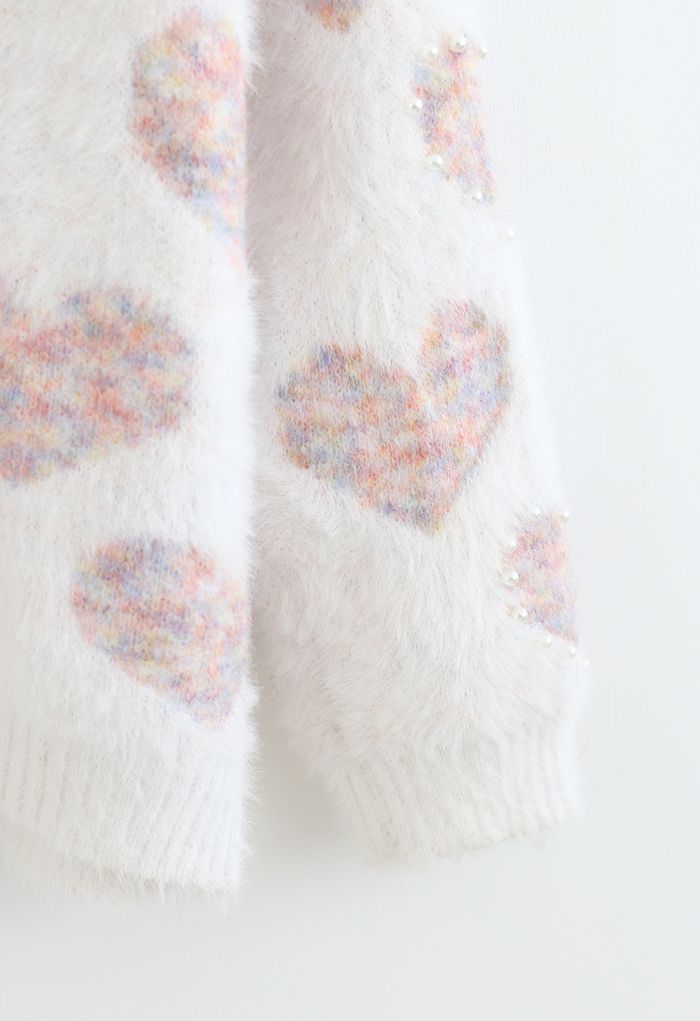 Fuzzy Pink Heart Pearl Trim Knit Sweater